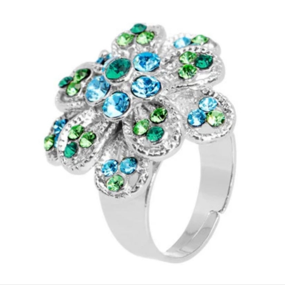 Blue Green Passionate Petals Flower Adjustable Ring - Picture 2 of 2